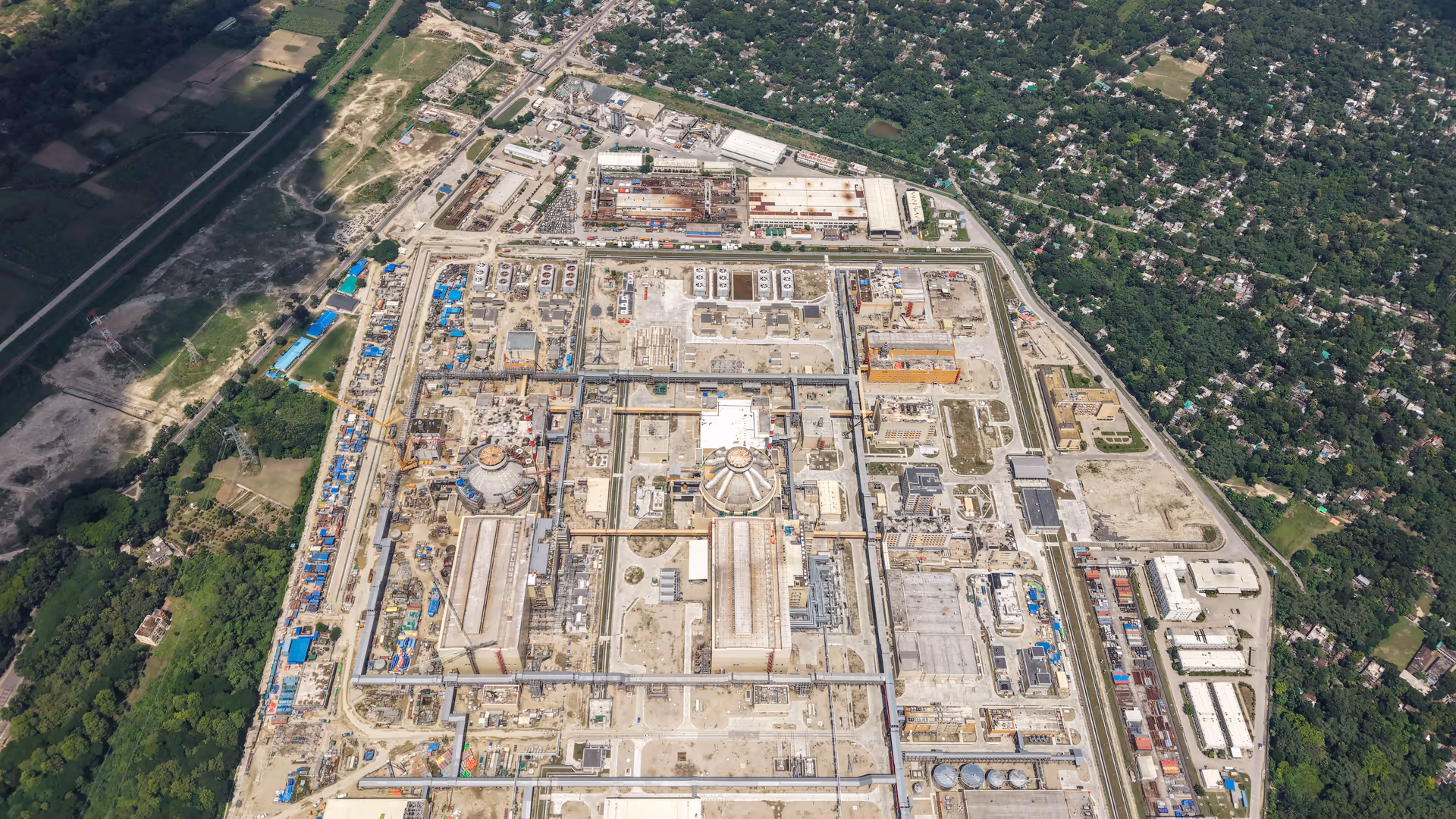 Aerial view of the Rooppur Nuclear Power Plant construction site surrounded by greenery